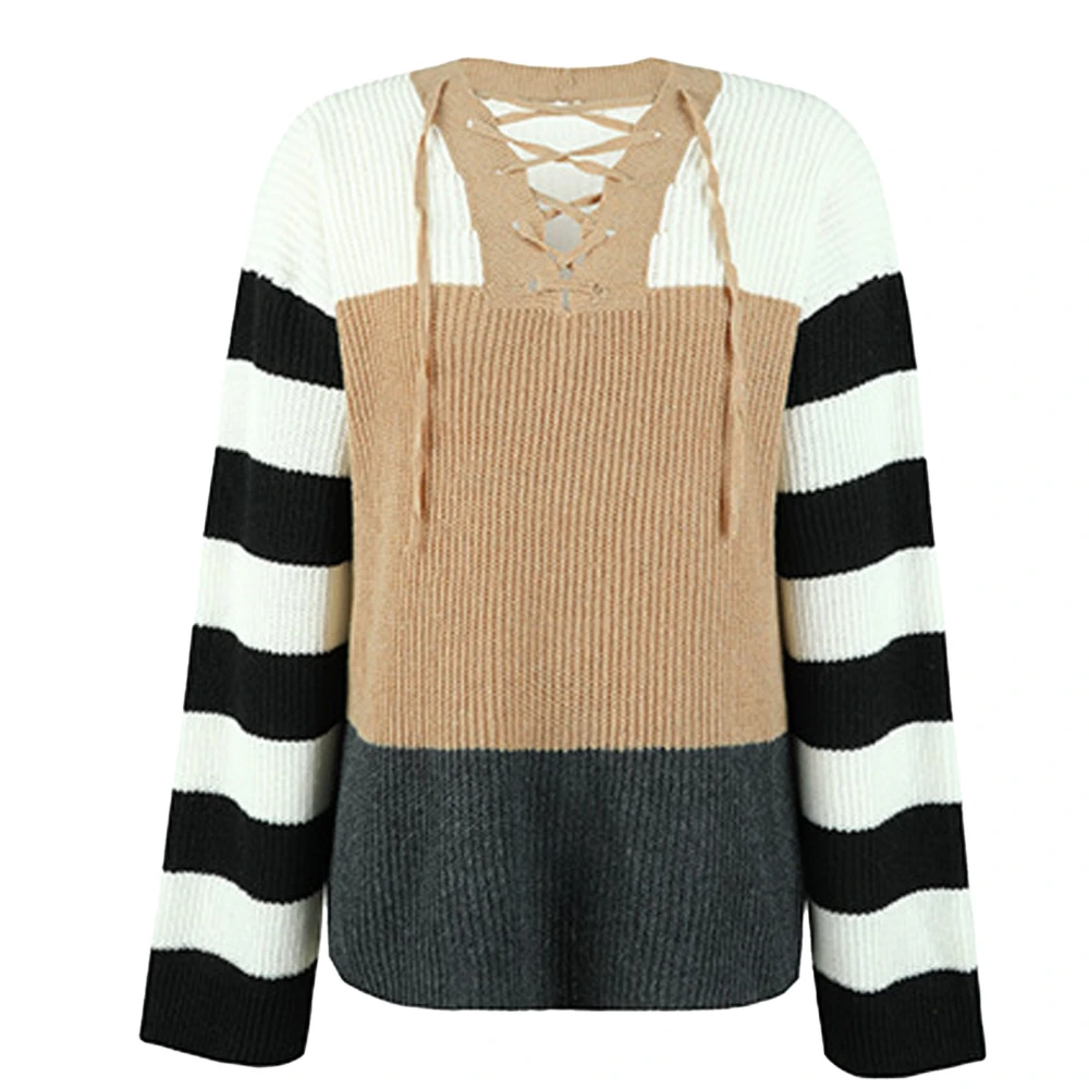 Women Color Block Loose Sweater Stripe Sleeve Lace Up Front V Neck Top Long Sleeve Pullover Casual Knit Sweater Khaki M