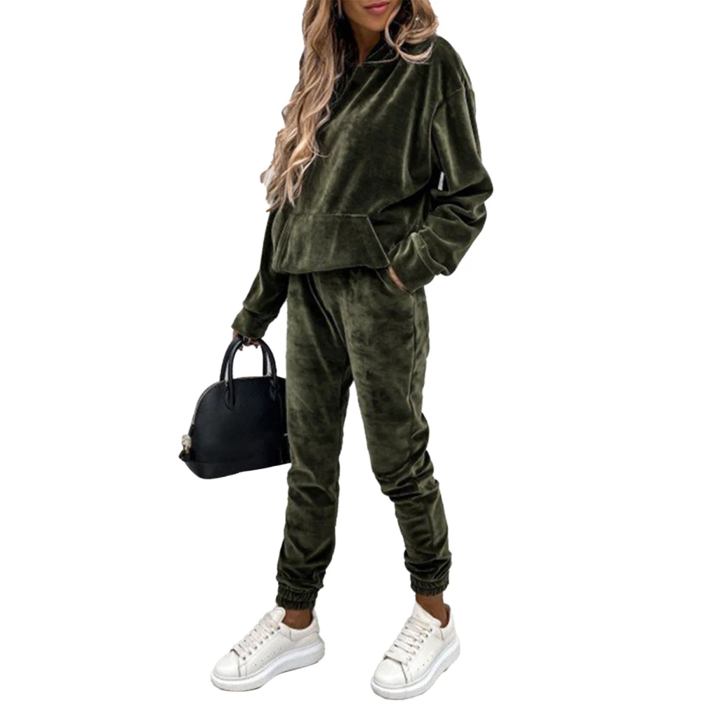 Hooded Blouse Pocket Plush Pants Long Sleeve Breathable Plain Color Hoodie Blouse Trousers OD Green L