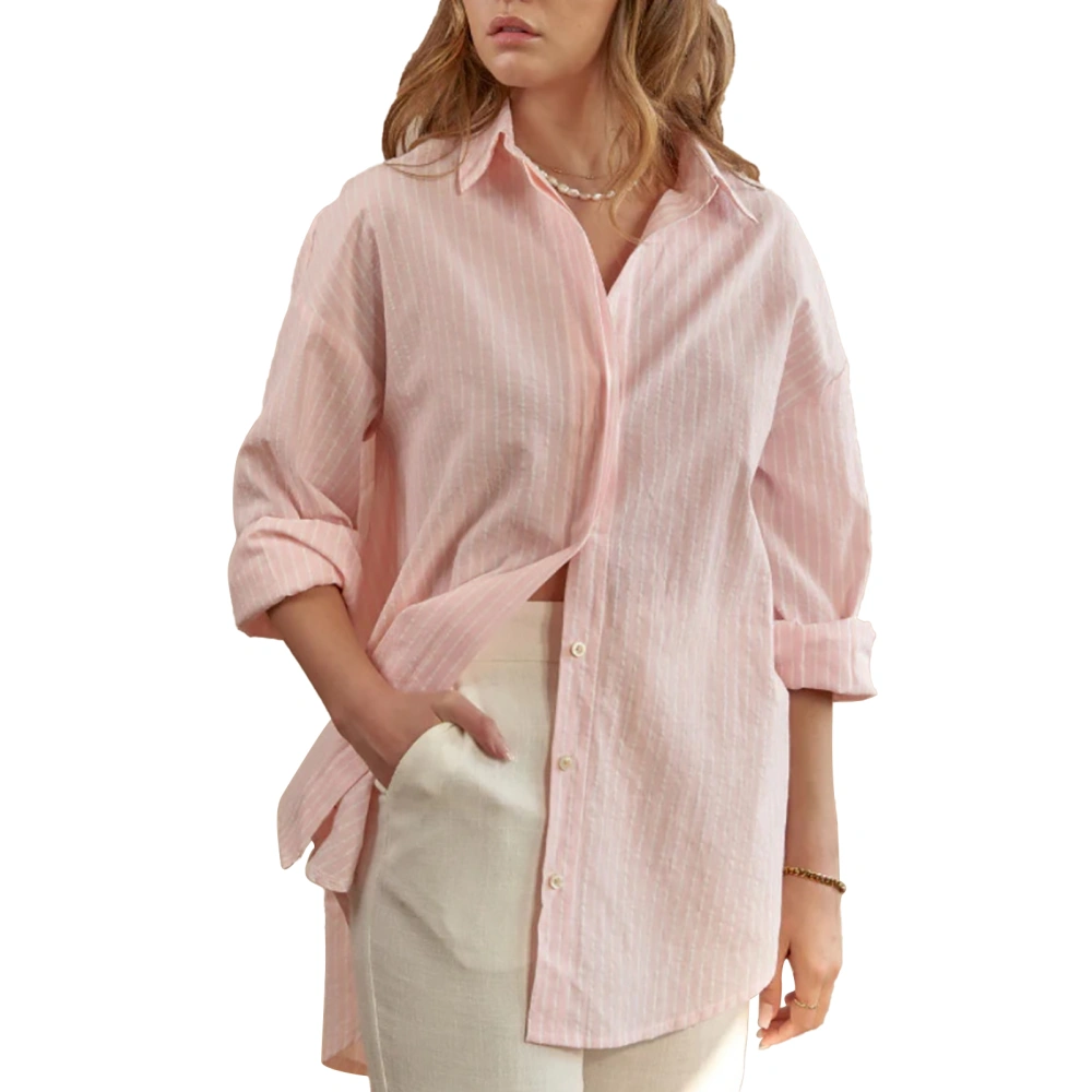 Women Button Up Striped Shirt Long Sleeve Turn Down Collar Loose Fit Cotton Shirt Top Pink L