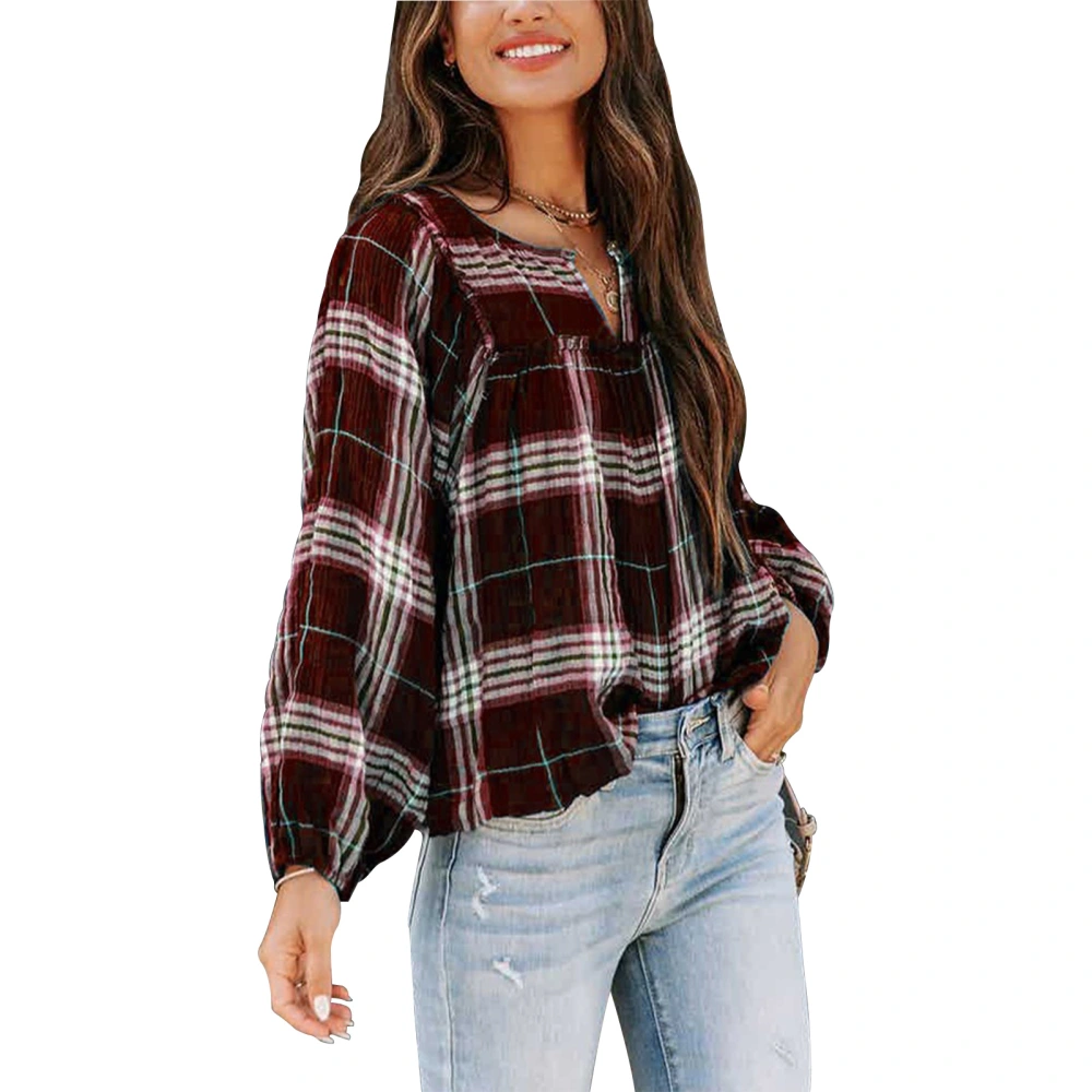 Women Top V Neck Long Sleeve Plaid Casual Stylish Comfortable Blouse for Daily Leisure Work Wine Red XL