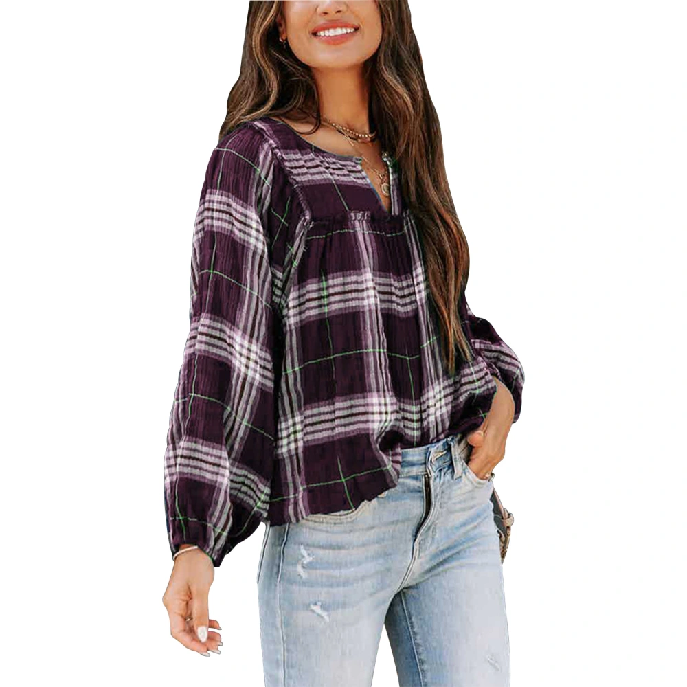 Women Top V Neck Long Sleeve Plaid Casual Stylish Comfortable Blouse for Daily Leisure Work Purple L