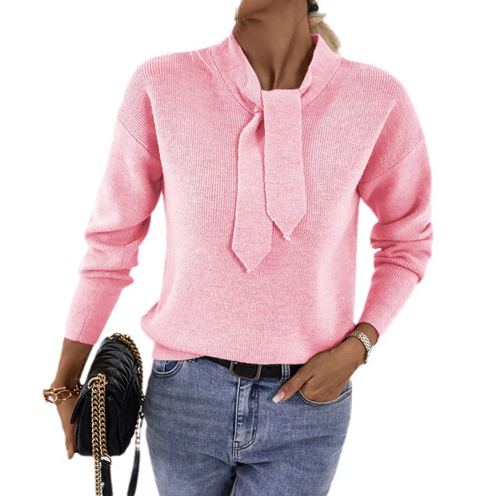 Long Sleeve Half Turtleneck Knit Shirt Top Women Fashionable Plain Color Tie Neck Pullover Sweater Pink XL