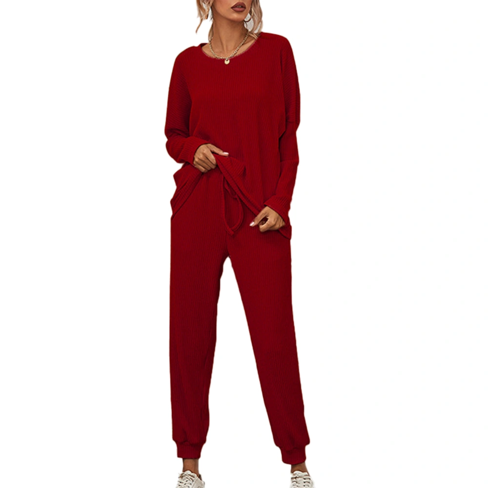 Women Casual Outfit Set 2 Piece Pure Color Outfit Round Neck Long Sleeve Blouse Drawstring Long Pants Leisure Outfit Set Wine Red L