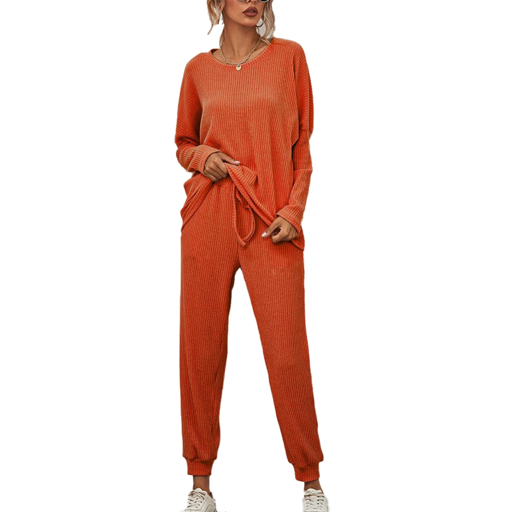 Women Casual Outfit Set 2 Piece Pure Color Outfit Round Neck Long Sleeve Blouse Drawstring Long Pants Leisure Outfit Set Orange S