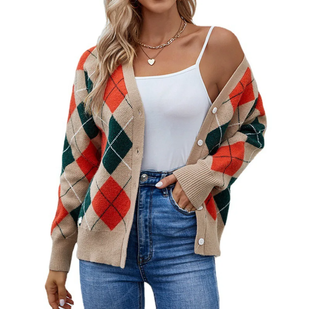 Women Button Up Sweater Plaid V Neck Long Sleeve Loose Fit Open Front Knit Outerwear Light Tan L