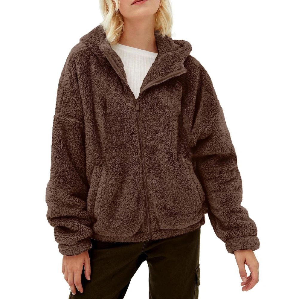 Women Soft Fleece Jacket Zipper Closure Pure Color Casual Hooded Overcoat with Pocket Dark Brown XXL