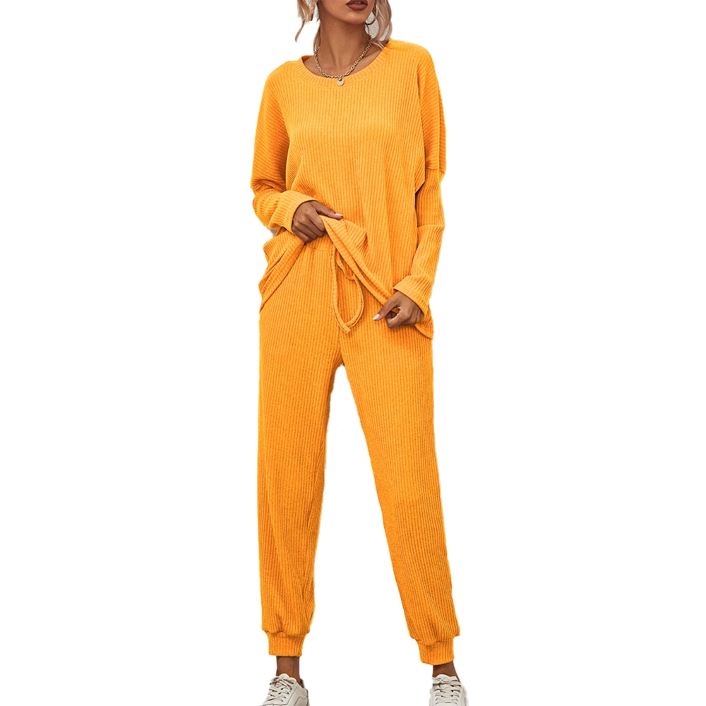 Women Casual Outfit Set 2 Piece Pure Color Outfit Round Neck Long Sleeve Blouse Drawstring Long Pants Leisure Outfit Set Yellow XXL