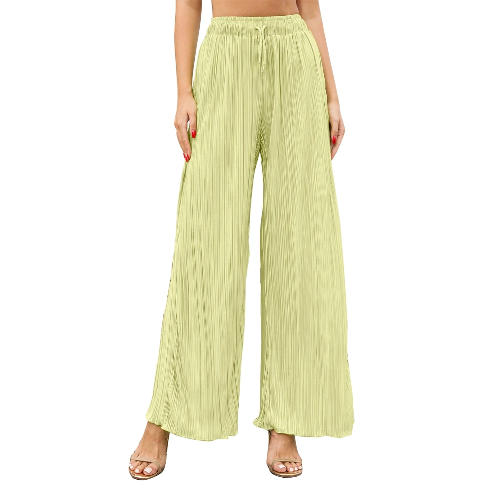 Women Wide Legs Pants Elastic Waist Drawstring Closure Pleated Casual Long Trousers for Daily Wear Beige L