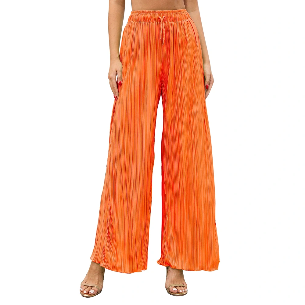 Women Wide Legs Pants Elastic Waist Drawstring Closure Pleated Casual Long Trousers for Daily Wear Orange L