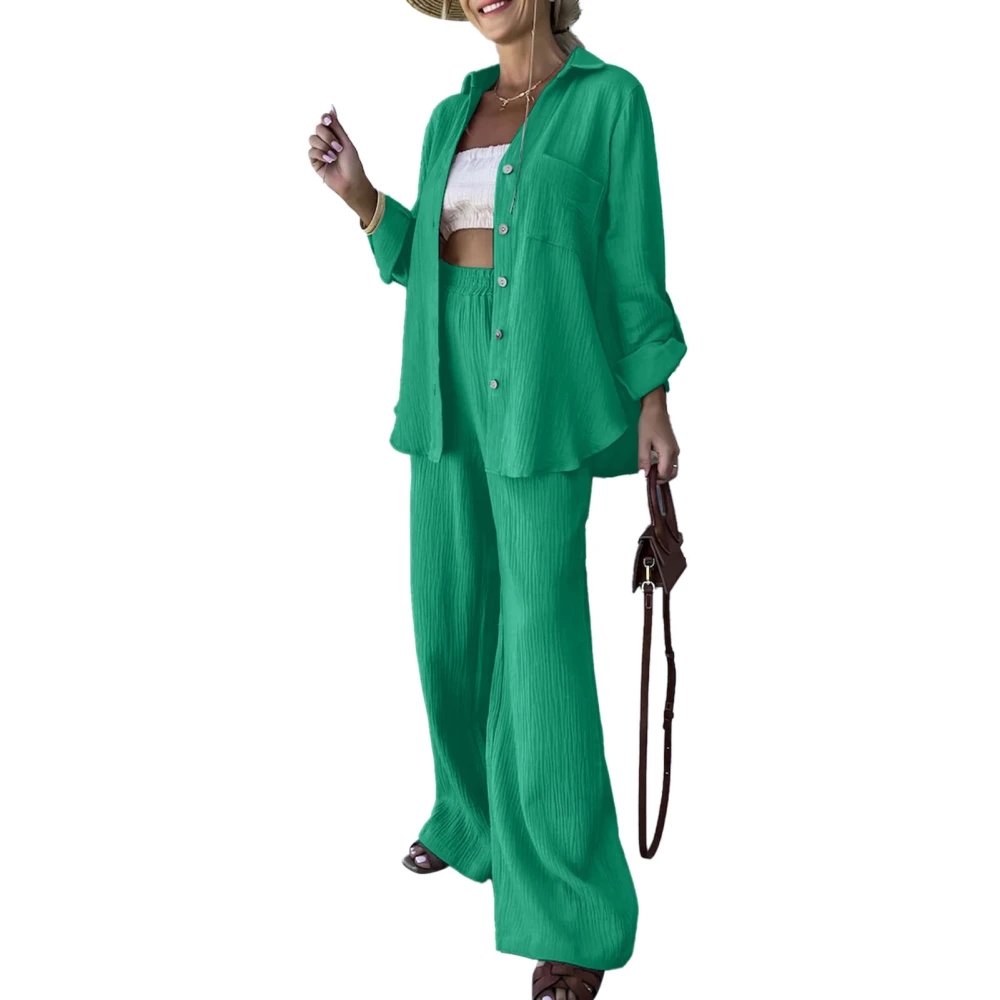 Women Long Sleeve Button Up Outfit Set Turn Down Collar Wide Leg Elastic Waist 2 Piece Lounge Set Green L