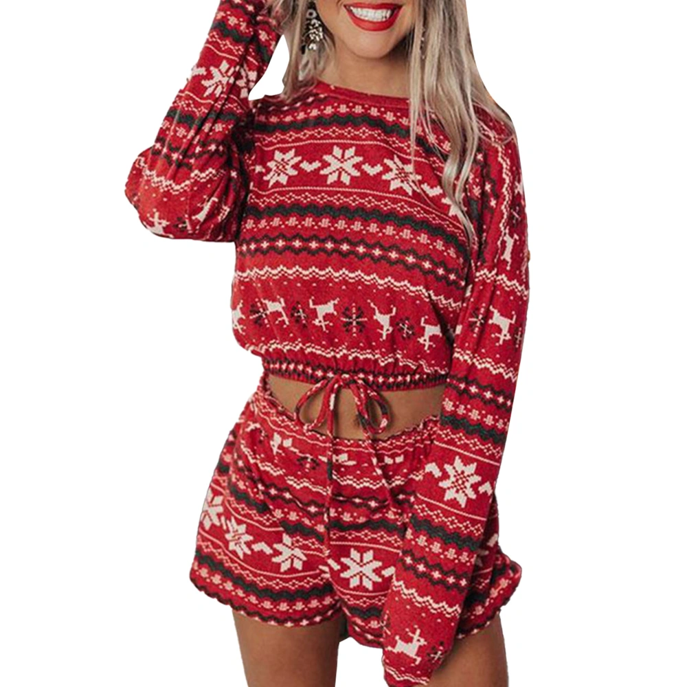 Women Christmas Outfit Set 2 Piece Christmas Print Outfit Round Neck Lace Up Front Long Sleeve Blouse Short Pants Set Type A XXL