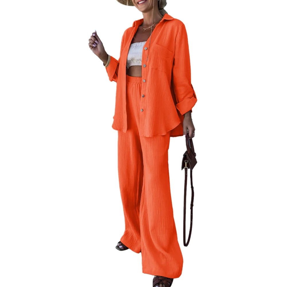 Women Long Sleeve Button Up Outfit Set Turn Down Collar Wide Leg Elastic Waist 2 Piece Lounge Set Orange M