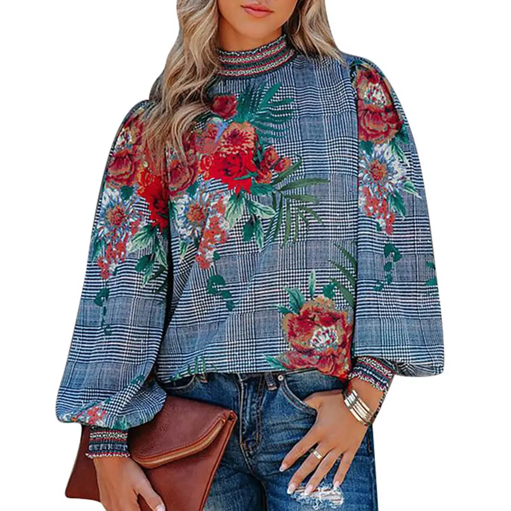 Women Shirred Frill Neck Top Stand Collar Lantern Sleeve Floral Printed Loose Fit Blouse Blue L