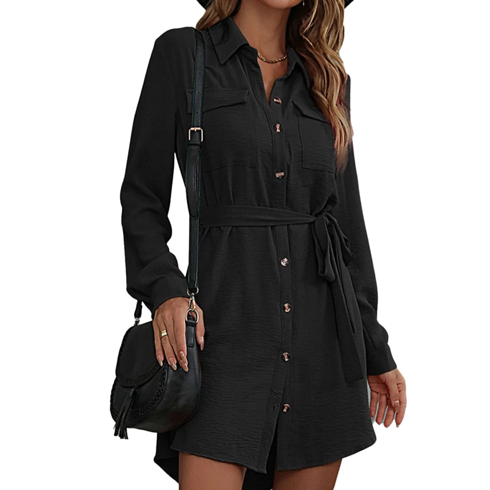 Women Long Sleeve Shirt Dress Turn Down Collar Waist Strap Button Up Casual Shirt Dress Black M