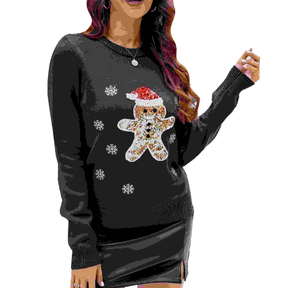 Women Long Sleeve Crewneck Christmas Snowflake Sweater Cute Christmas Embroidered Sequin Pattern Knit Shirt Black Bear S