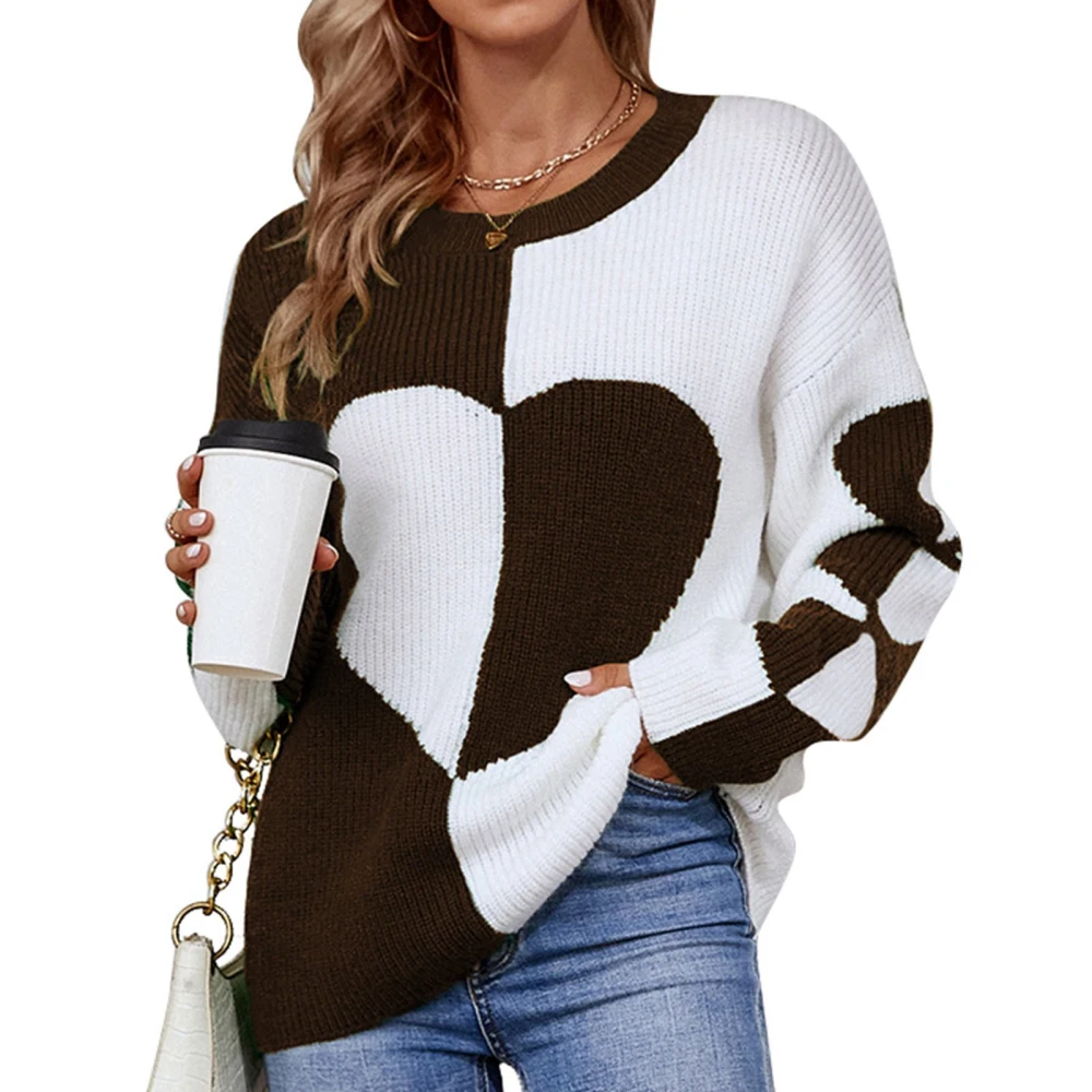 Women Crew Neck Sweater Heart Pattern Color Blocking Long Sleeve Loose Fit Pullover Sweater Coffee M