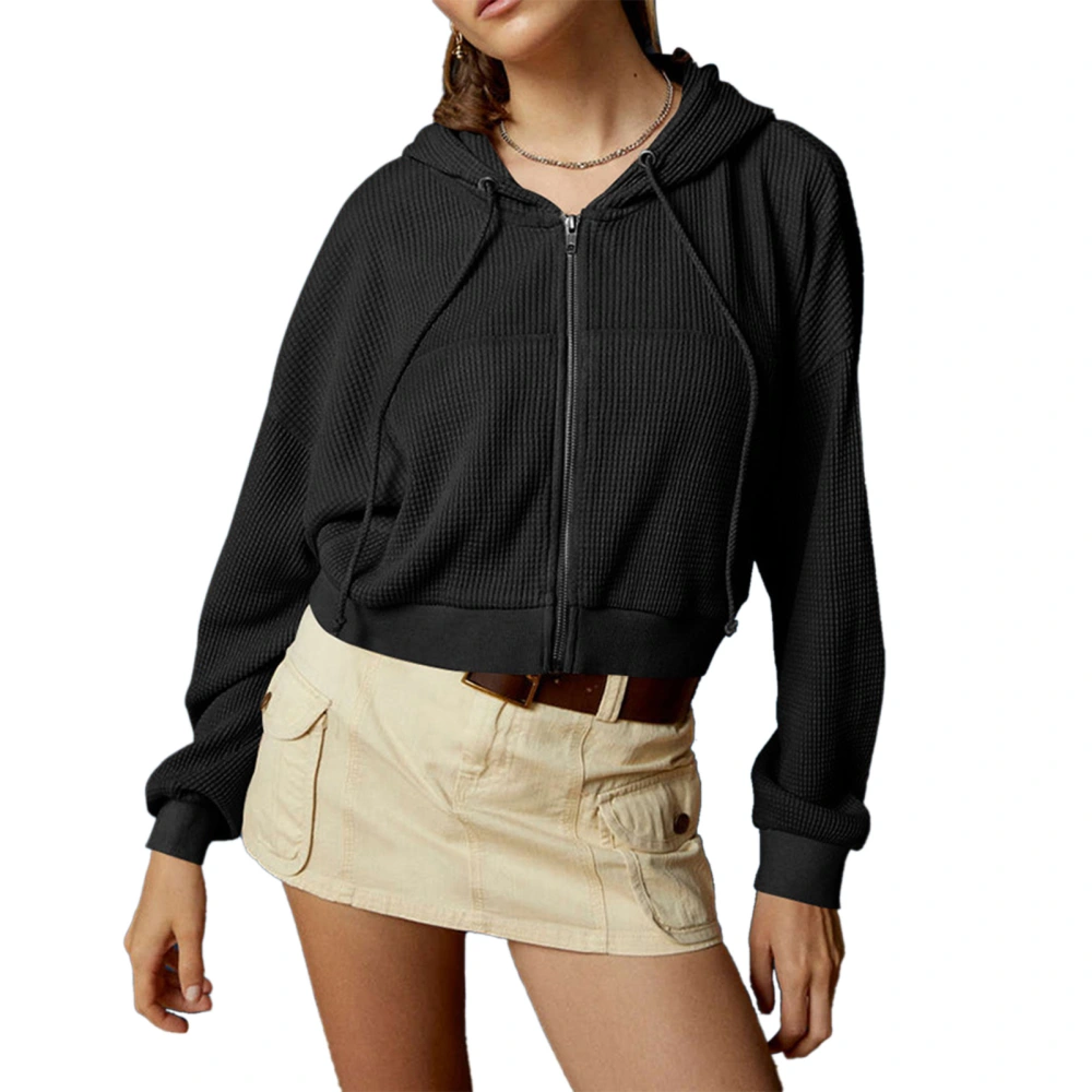 Waffle Short Jacket Hooded Drawstring Zipper Pure Color Large Pockets Long Sleeve Casual Top for Party Shopping Black M