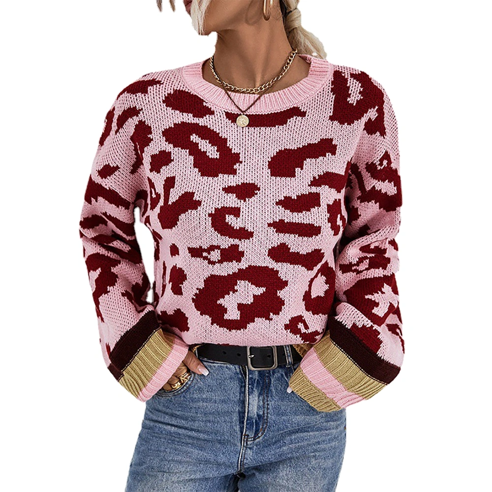 Leopard Print Pullover Sweater Round Neck Loose Long Sleeve Color Contrast Casual Women Knit Pullover Pink M