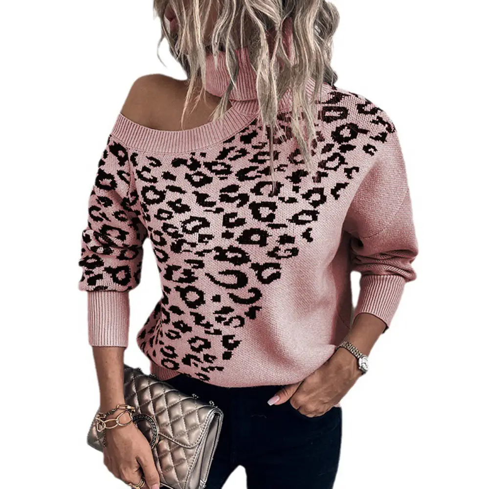 Cold Shoulder Sweater High Neck Long Sleeve Leopard Print Casual Knitted Sweater for Dating Shopping Street Pink XL