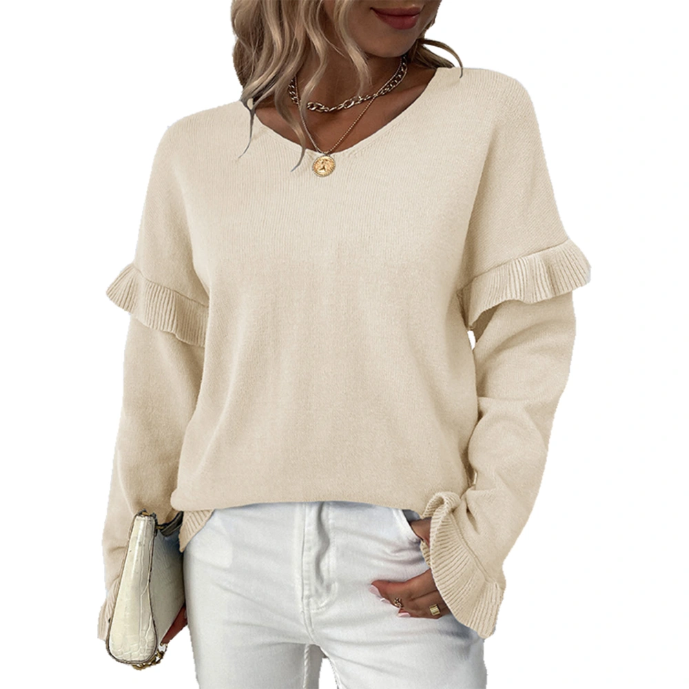 Ruffle Sleeve Sweater V Neckline Stitching Ruffle Long Sleeve Plain Color Knitted Sweater Apricot M