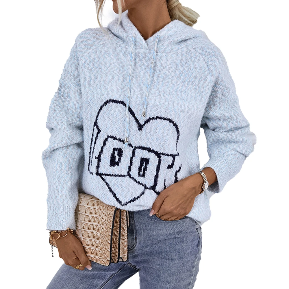 Women Letter Sweater Loose Stylish Warm Long Sleeve Knitted Hoodie with Drawstring for Fall Winter Blue S