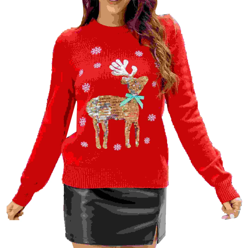 Women Long Sleeve Crewneck Christmas Snowflake Sweater Cute Christmas Embroidered Sequin Pattern Knit Shirt Red Deer XXL