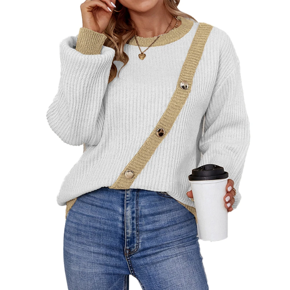 Women Round Neck Sweater Buckle Decor Long Puff Sleeve Color Contrast Casual Knit Pullover White XL