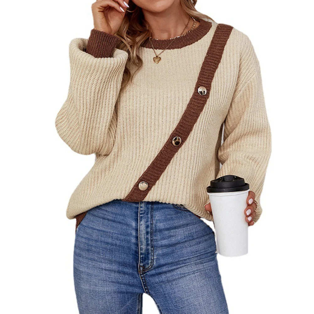 Women Round Neck Sweater Buckle Decor Long Puff Sleeve Color Contrast Casual Knit Pullover Khaki L