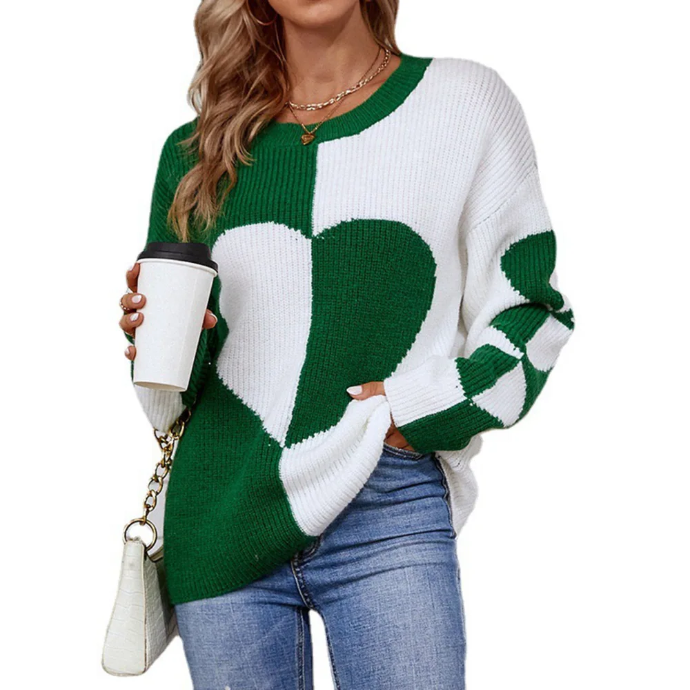 Women Crew Neck Sweater Heart Pattern Color Blocking Long Sleeve Loose Fit Pullover Sweater Green L