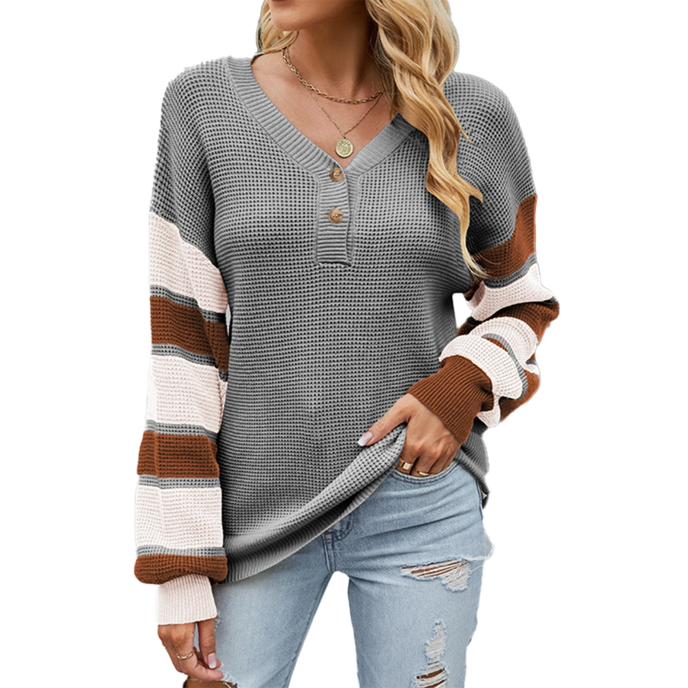 Women V Neck Sweater Striped Print Puff Sleeve Color Contrast Casual Loose Fit Knitted Top Grey XL