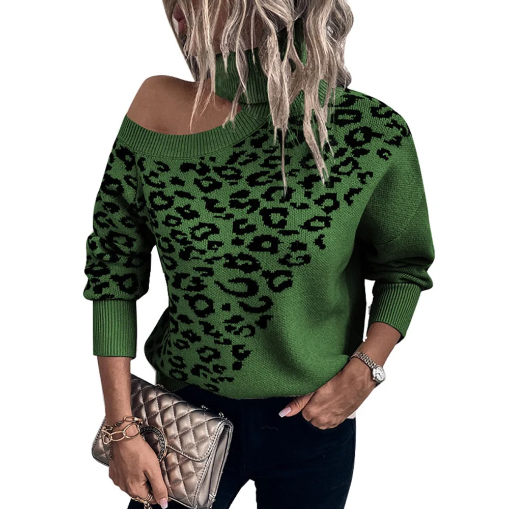 Cold Shoulder Sweater High Neck Long Sleeve Leopard Print Casual Knitted Sweater for Dating Shopping Street OD Green L