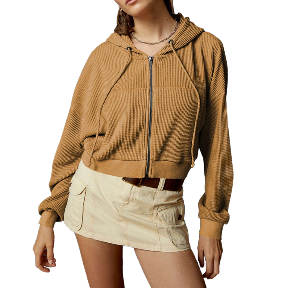 Waffle Short Jacket Hooded Drawstring Zipper Pure Color Large Pockets Long Sleeve Casual Top for Party Shopping Brown M