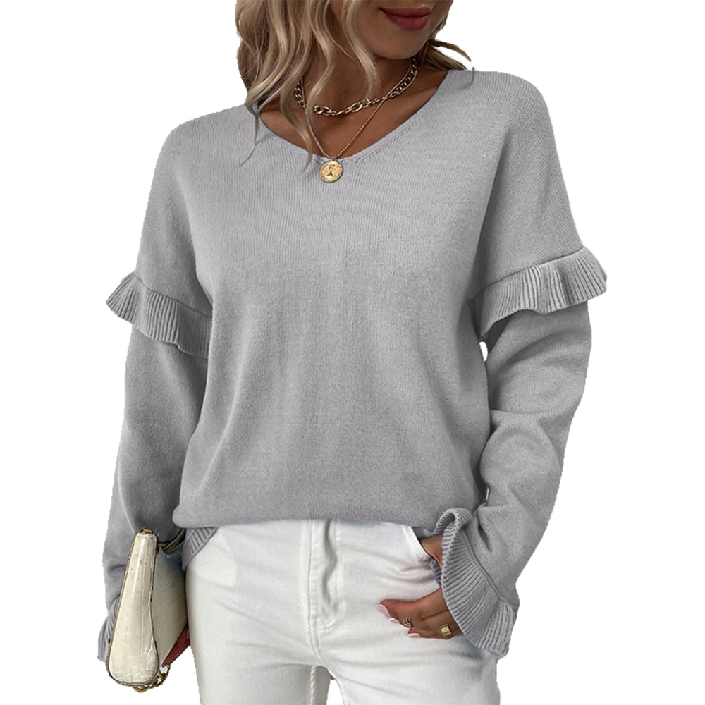 Ruffle Sleeve Sweater V Neckline Stitching Ruffle Long Sleeve Plain Color Knitted Sweater Grey M