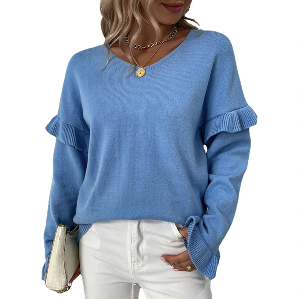 Ruffle Sleeve Sweater V Neckline Stitching Ruffle Long Sleeve Plain Color Knitted Sweater Blue L