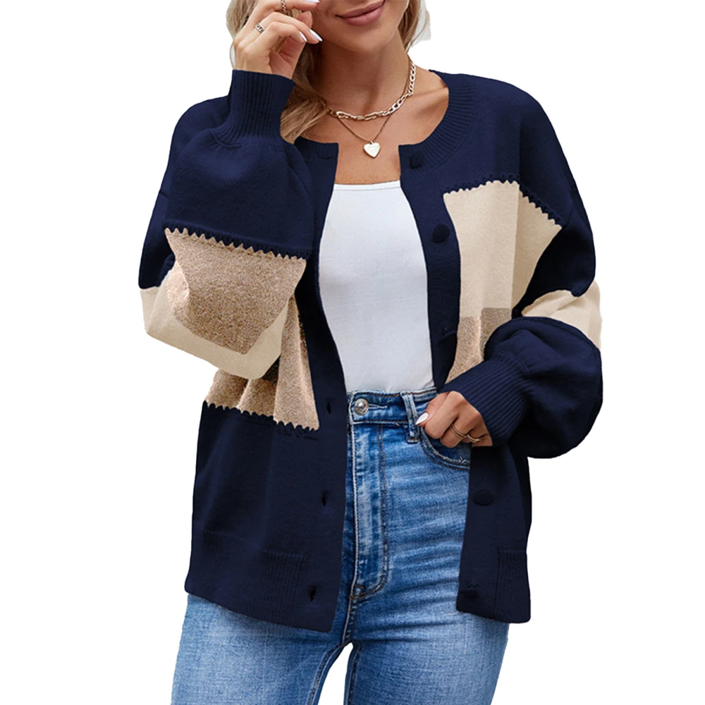 Women Sweater Coat Crew Neck Long Puff Sleeves Button Down Open Front Knitwear for Fall Outdoor Blue L