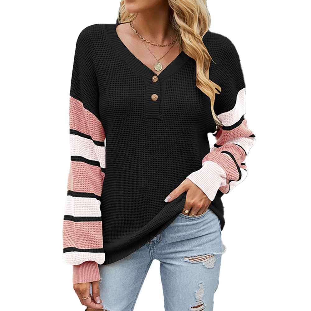 Women V Neck Sweater Striped Print Puff Sleeve Color Contrast Casual Loose Fit Knitted Top Black L