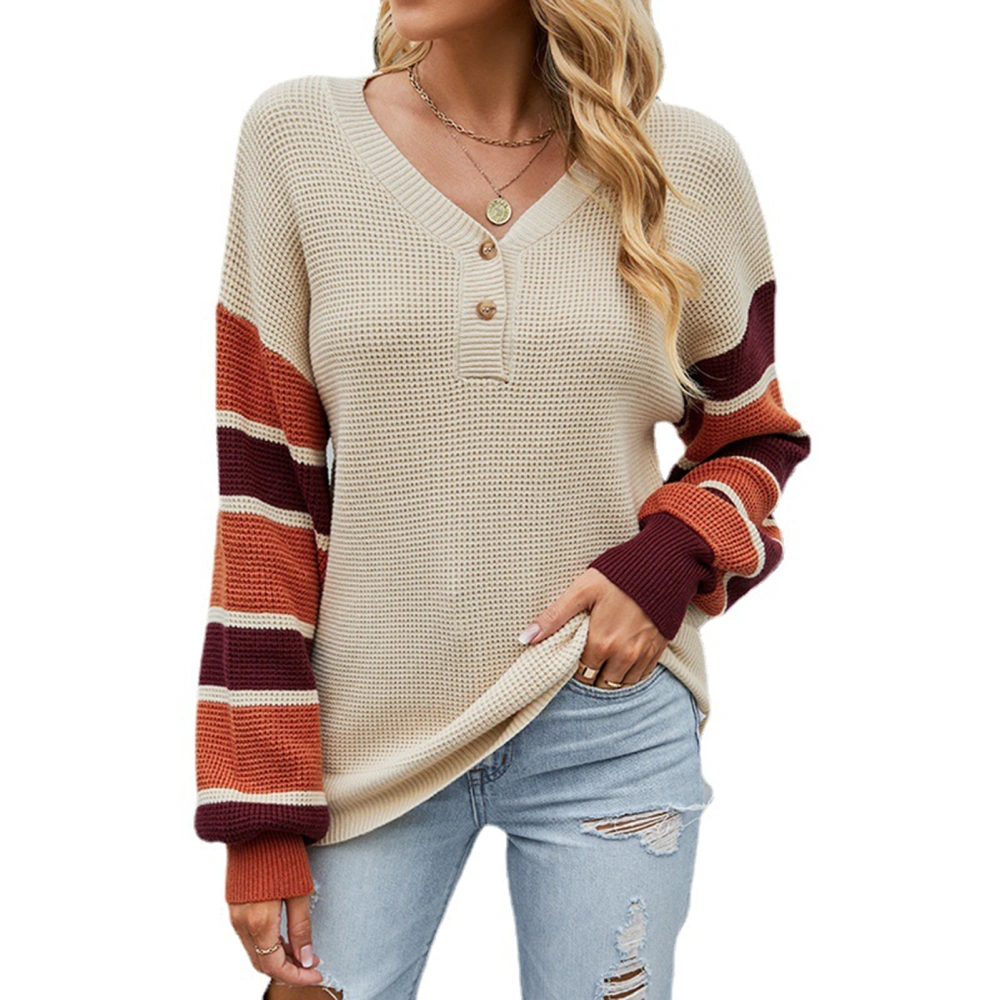 Women V Neck Sweater Striped Print Puff Sleeve Color Contrast Casual Loose Fit Knitted Top Apricot XL