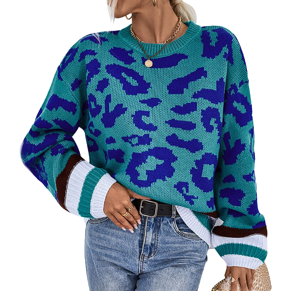 Leopard Print Pullover Sweater Round Neck Loose Long Sleeve Color Contrast Casual Women Knit Pullover Green M