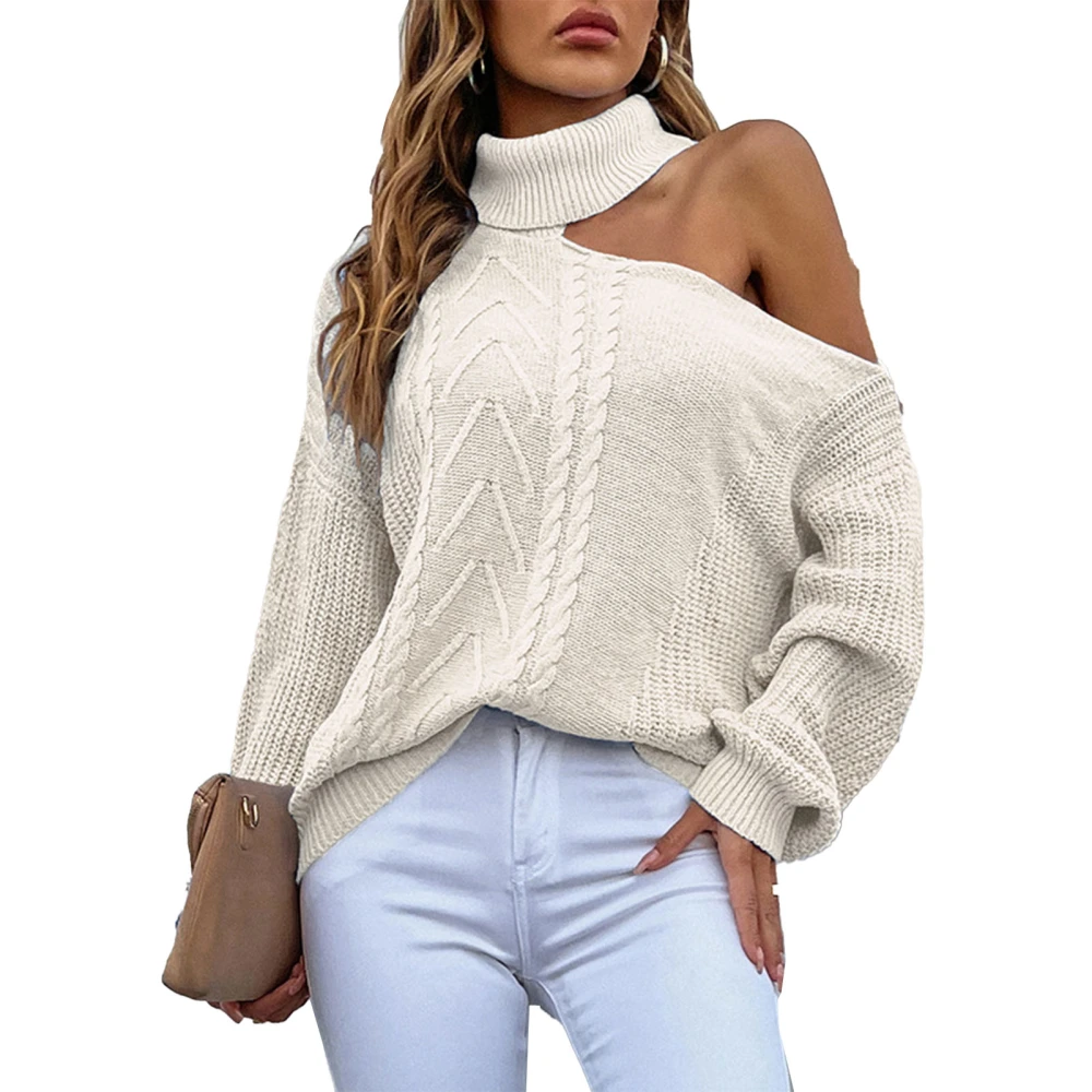 Women One Shoulder Sweater High Collar One Shoulder Textured Pure Color Knit Long Sleeve Pullover Sweater White L