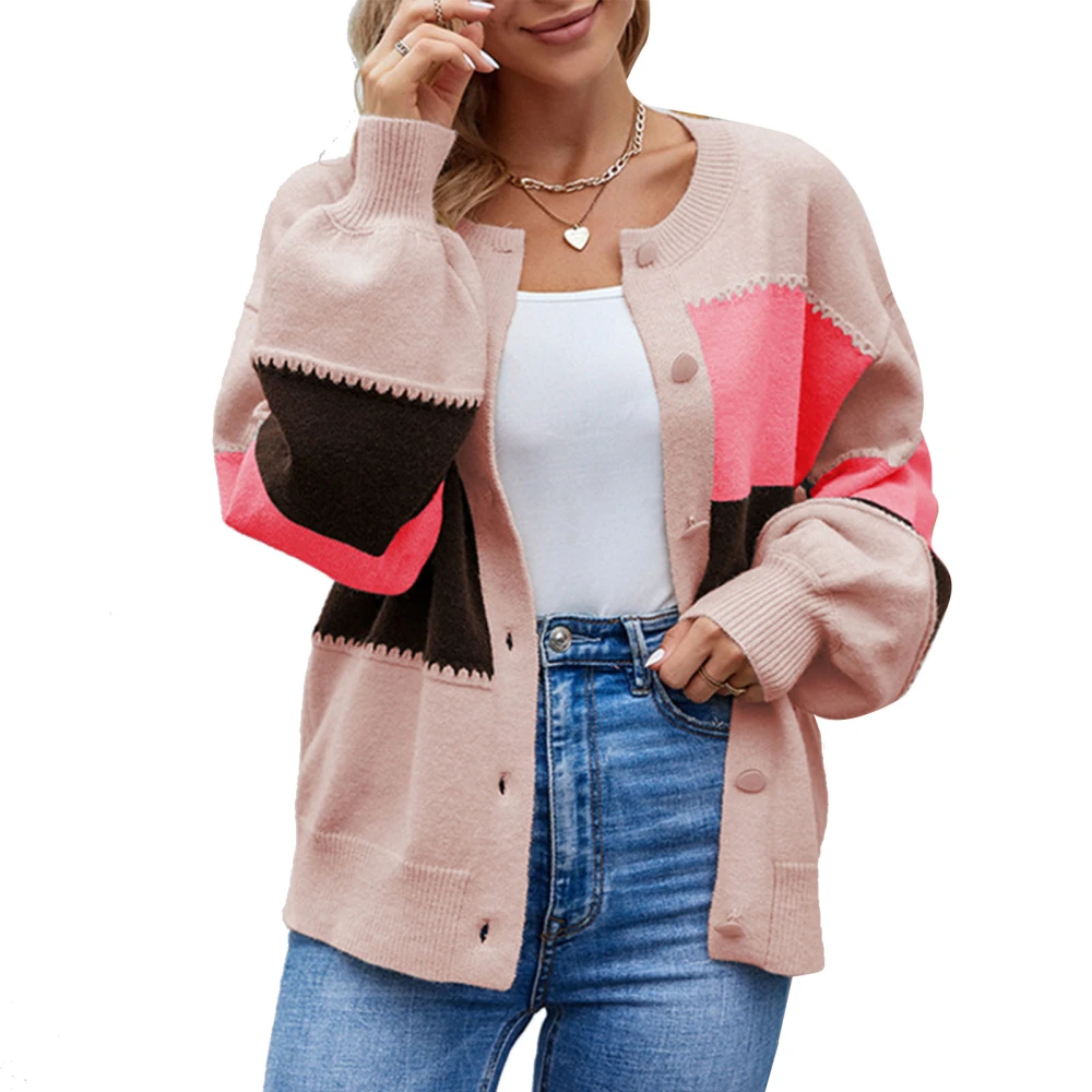 Women Sweater Coat Crew Neck Long Puff Sleeves Button Down Open Front Knitwear for Fall Outdoor Pink XL