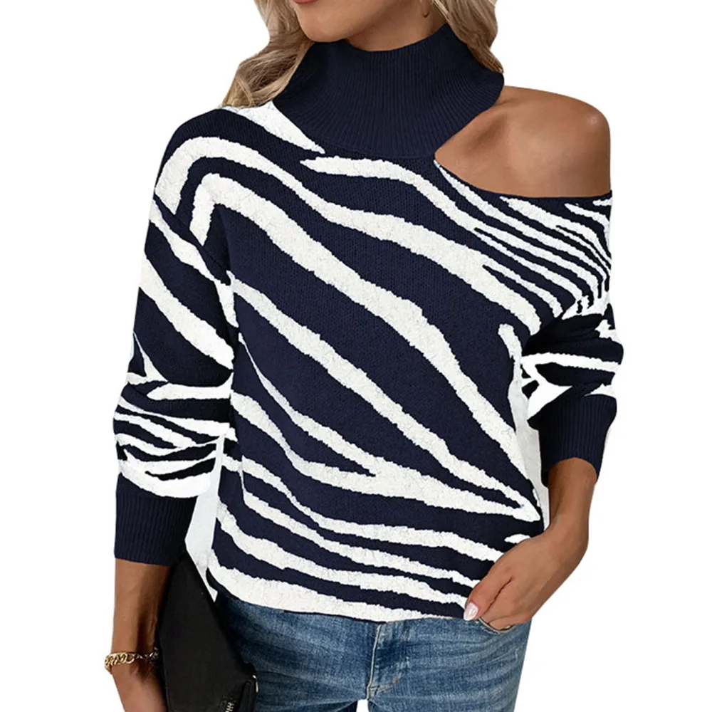 Women High Neck One Shoulder Sweater Long Sleeve Striped Cut Out Pullover Knit Top Dark Blue L