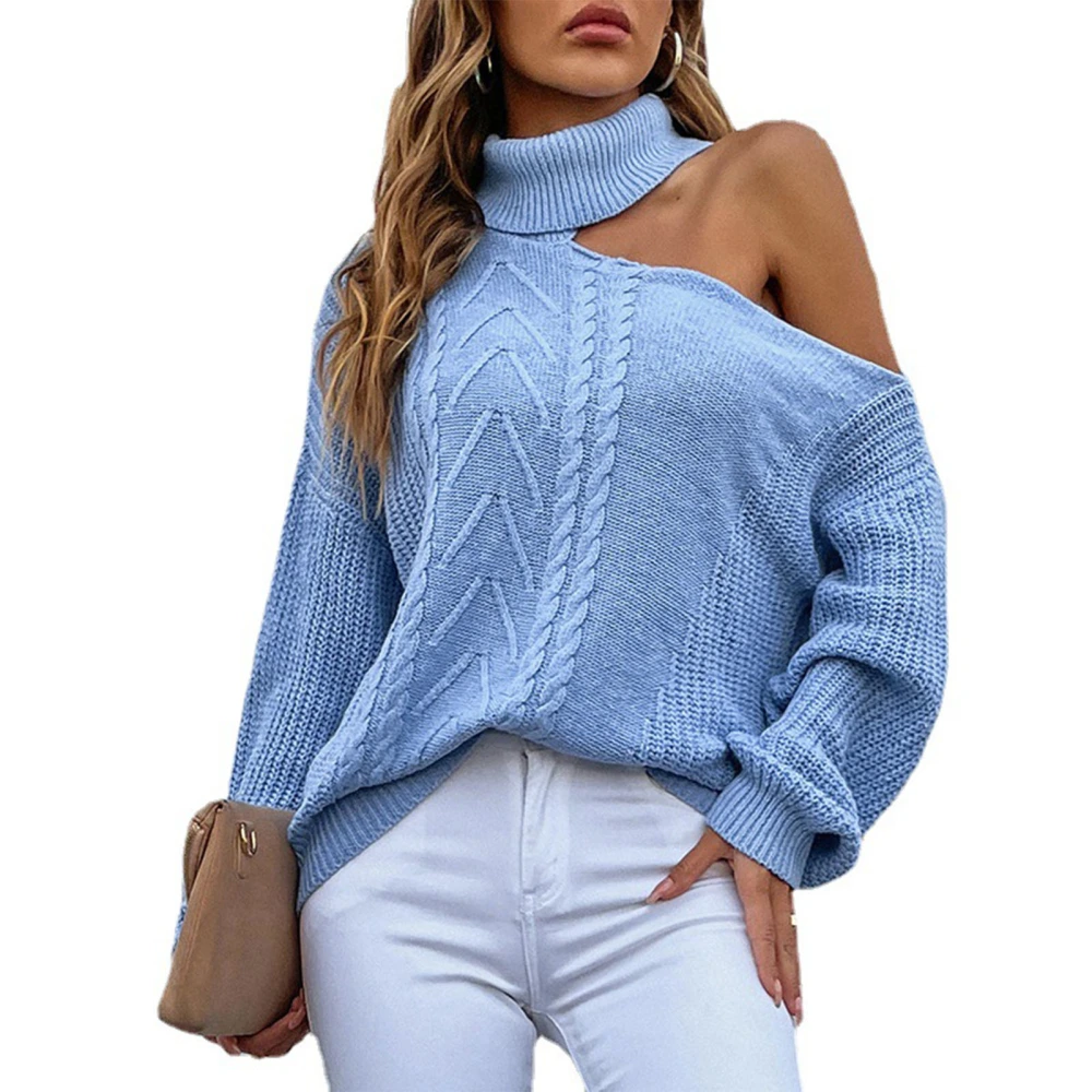 Women One Shoulder Sweater High Collar One Shoulder Textured Pure Color Knit Long Sleeve Pullover Sweater Blue XL