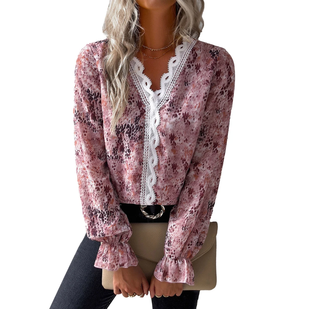 Women Loose Print Blouse V Neck Lace Floral Print Top Loose Hem Cuff Elastic Long Sleeve Stylish Blouse Brown XL