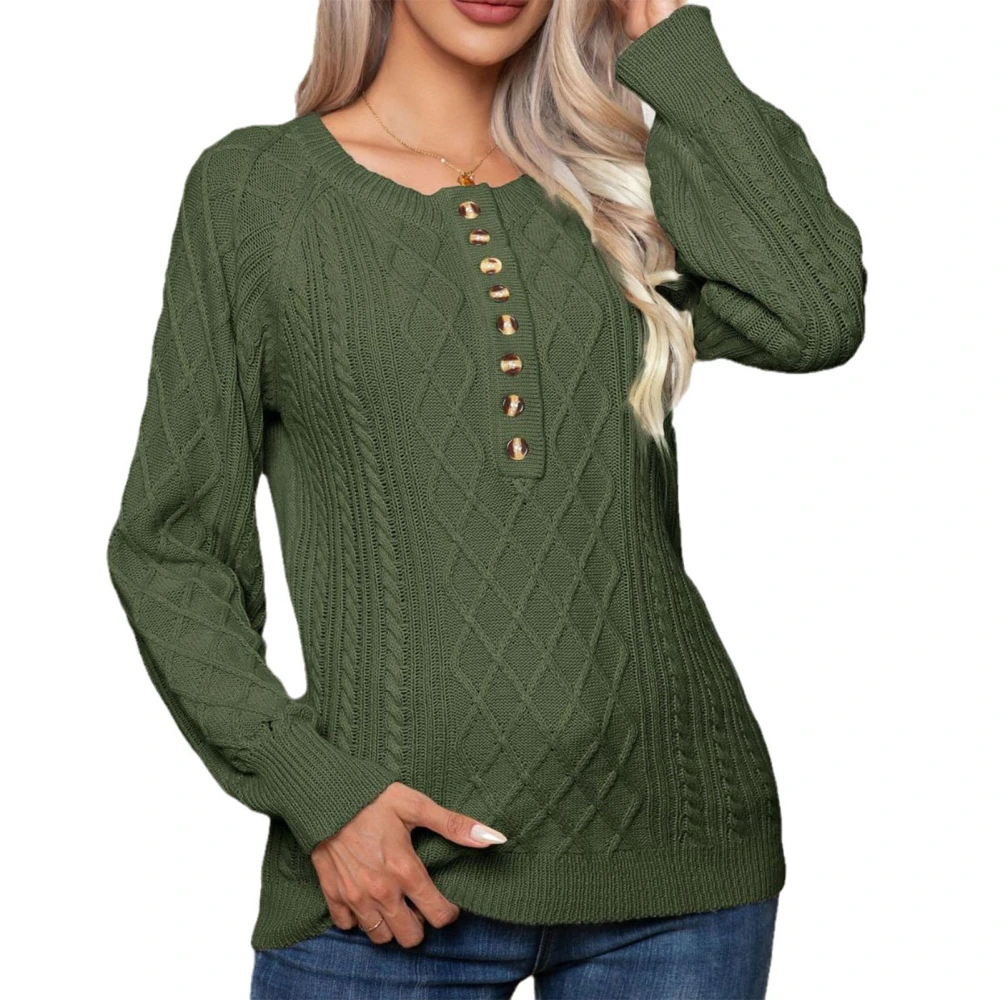 Women Pullover Cable Knit Sweater Button Front Long Sleeve Crew Neck Fall Knitted Sweater OD Green S