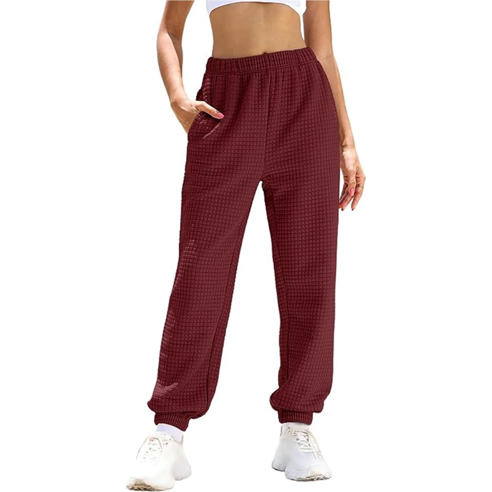 Women Pants Elastic Waist Drawstring Pure Color Comfortable Breathable Casual Sweatpants for Home Dating Wine Red L