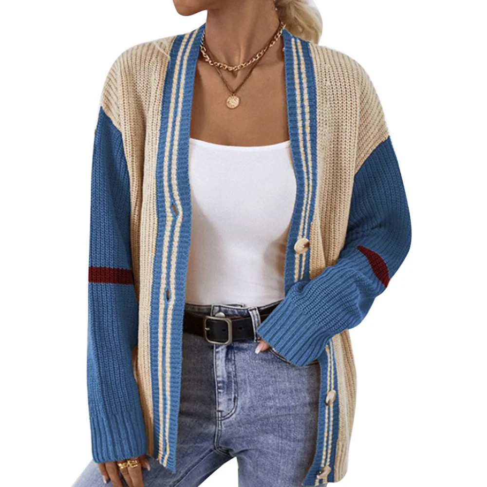 Women Open Front Sweater V Neck Long Sleeve Coat Spring Autumn Color Matching Button Knit Sweater Blue S