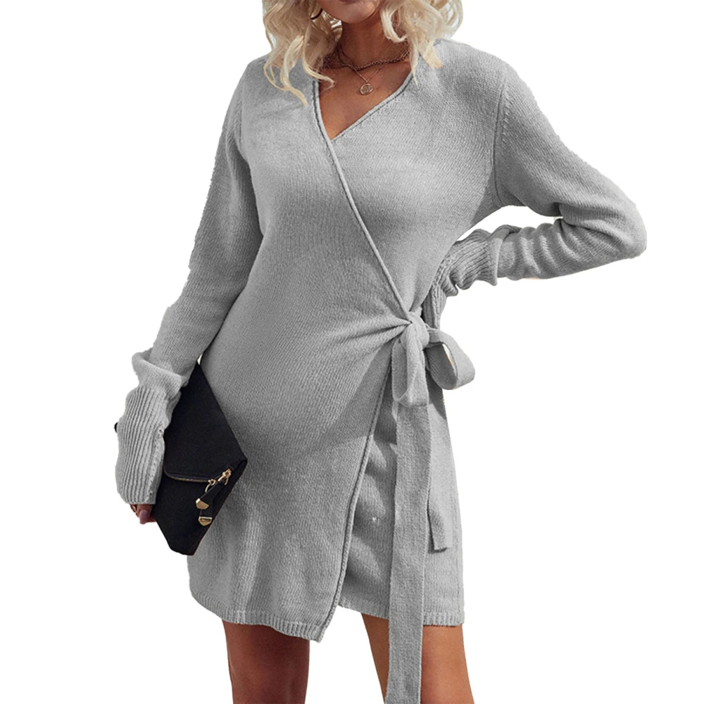 Long Sleeve Wrap V Neck Short Knit Dress Women Fashionable Elegant Plain Color Tie Side Sweater Dress Gray XL