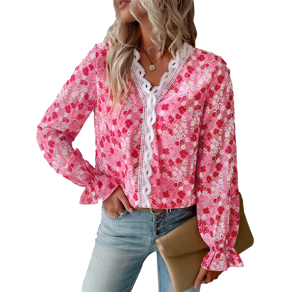 Women Loose Print Blouse V Neck Lace Floral Print Top Loose Hem Cuff Elastic Long Sleeve Stylish Blouse Red XL