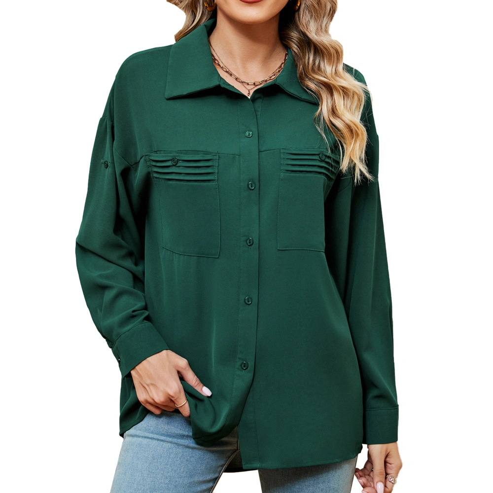 Women Button Up Shirt Turn Down Collar Long Sleeve Loose Fit Fall Blouse with Chest Pockets Dark Green XL