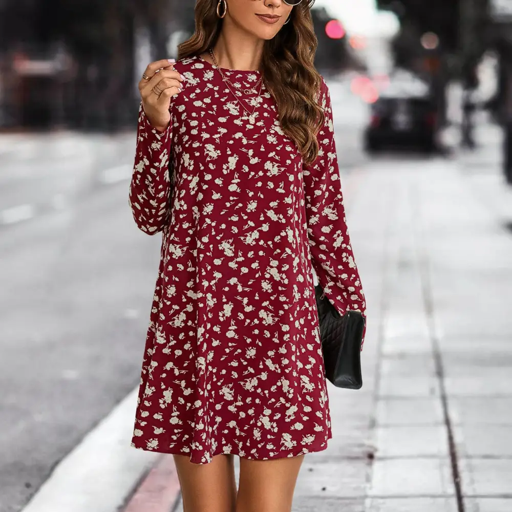 Floral Print Long Sleeve Dress Crewneck Casual Slim Fit Minimalist Floral Print Dress for Fall Winter Wine Red L